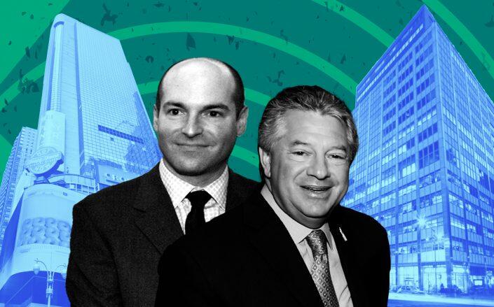 Argent Ventures' Andrew Penson (left), SL Green's Marc Holliday, 1601 Broadway (left) and 100 Church Street (Getty, SL Green, Google Maps)