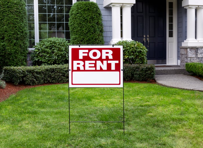 For rent sign in front of a house.