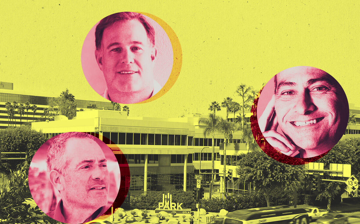 Mosaic Real Estate Investors' Ethan Penner, Rising Realty's Christopher Rising and KW Commercial's Tony Wood;  Park DTLA at 261 South Figueroa Street (Linkedin, Rising Realty, Park DTLA, Getty)