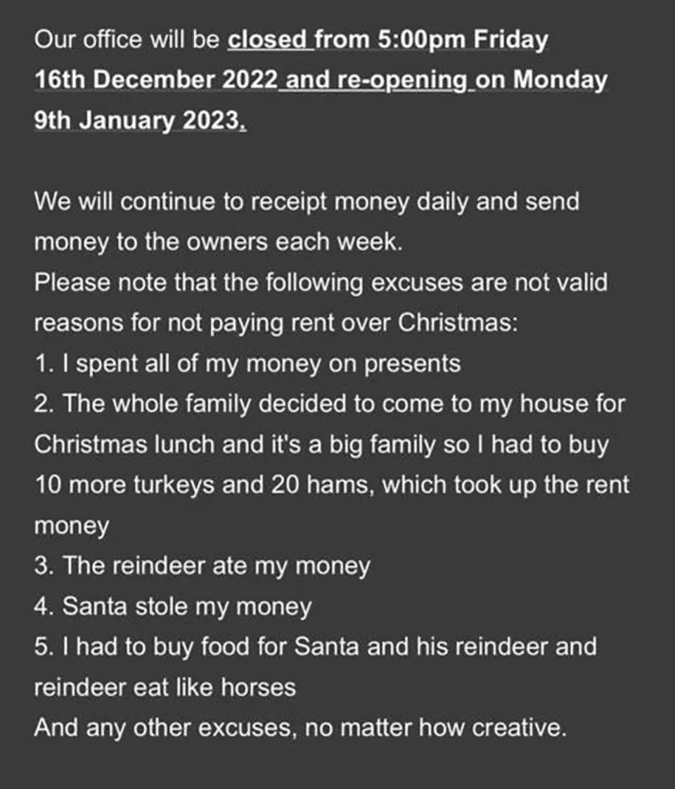 Aussie real estate agent's 'patronising' Christmas message to tenants