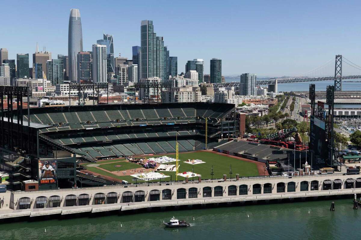 A view of downtown San Francisco and AT&T Park can be seen through the partially constructed walls of Visa's future headquarters at the site of Mission Rock, a mini-district being developed by the Giants in partnership with Tishman Speyer on China Basin in San Francisco.